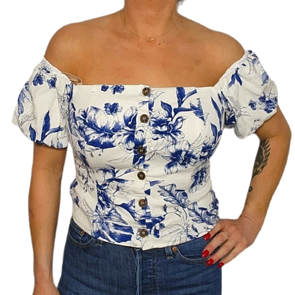 Blāshe Off The Shoulder Boho Blouse White Blue X Large Linen Mix